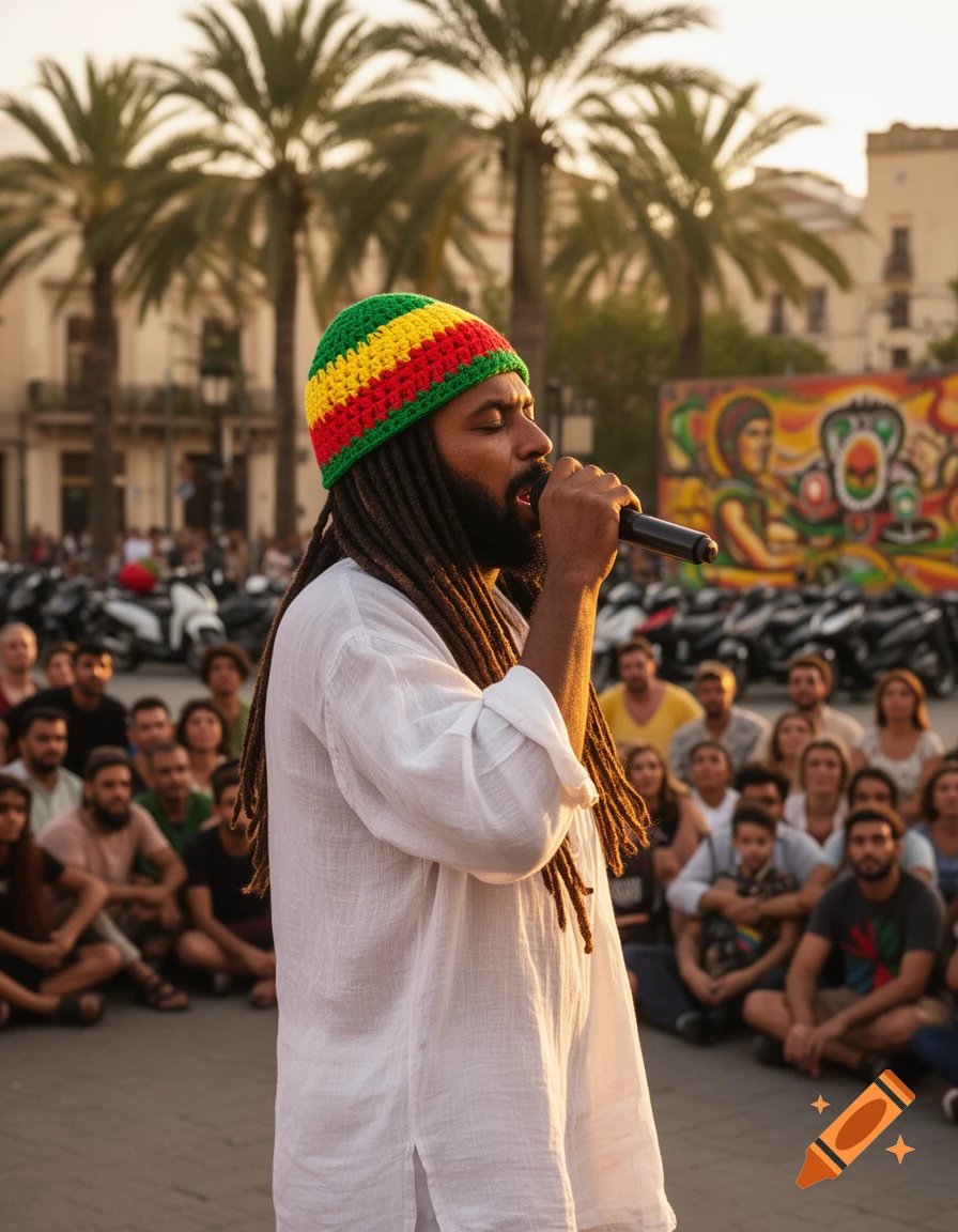 A man with dreadlocks and a rasta hat sings into a microphone outdoors, facing a seated crowd at sunset with palm trees.