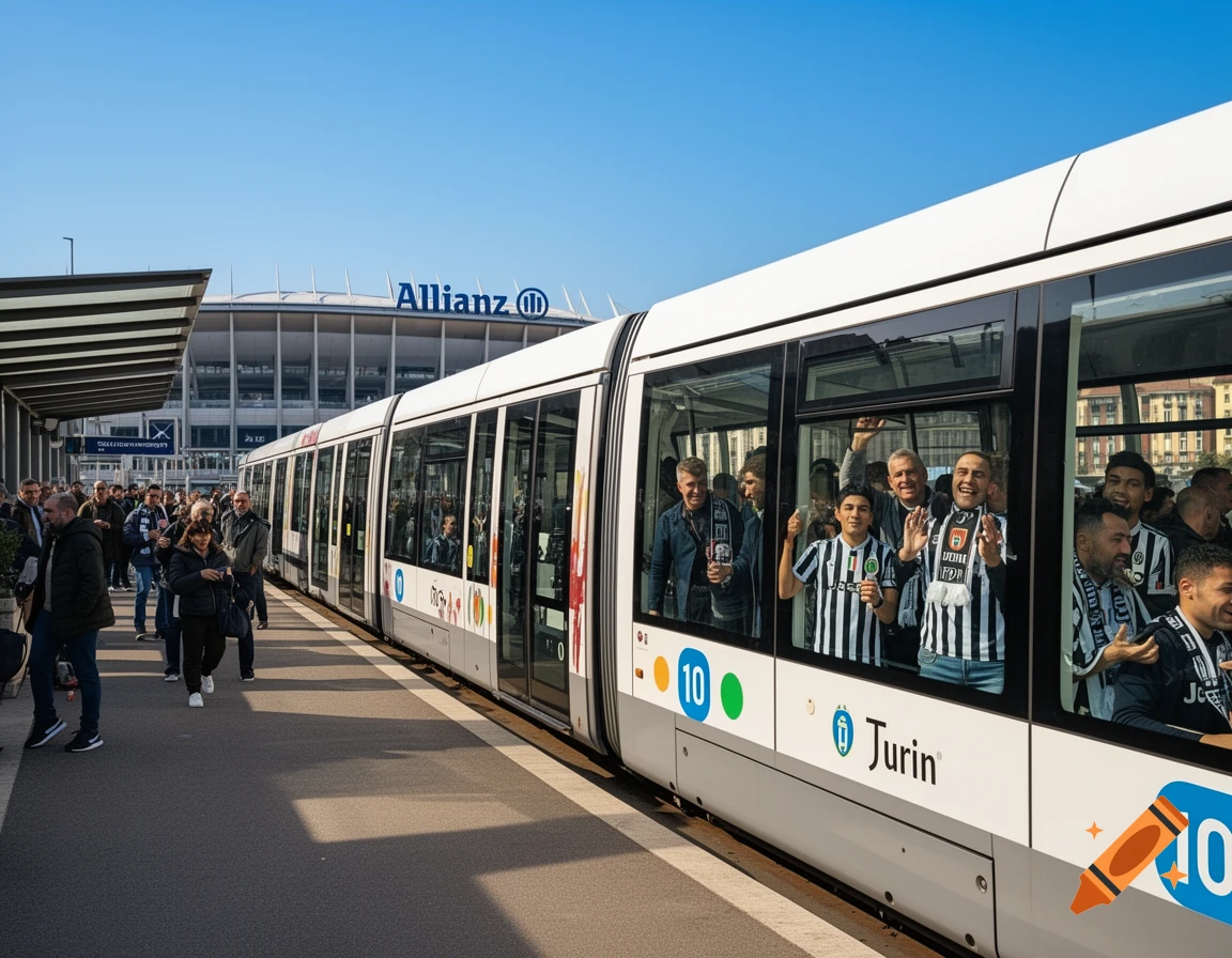 A white tram with fans wearing Juventus scarves and shirts inside and on the platform, next to the Allianz Stadium in Turin.