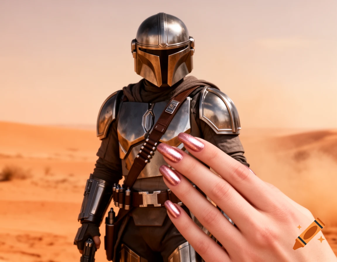 The Mandalorian stands in a desert while a hand with sparkly rose gold nails reaches into the foreground, photorealistic.