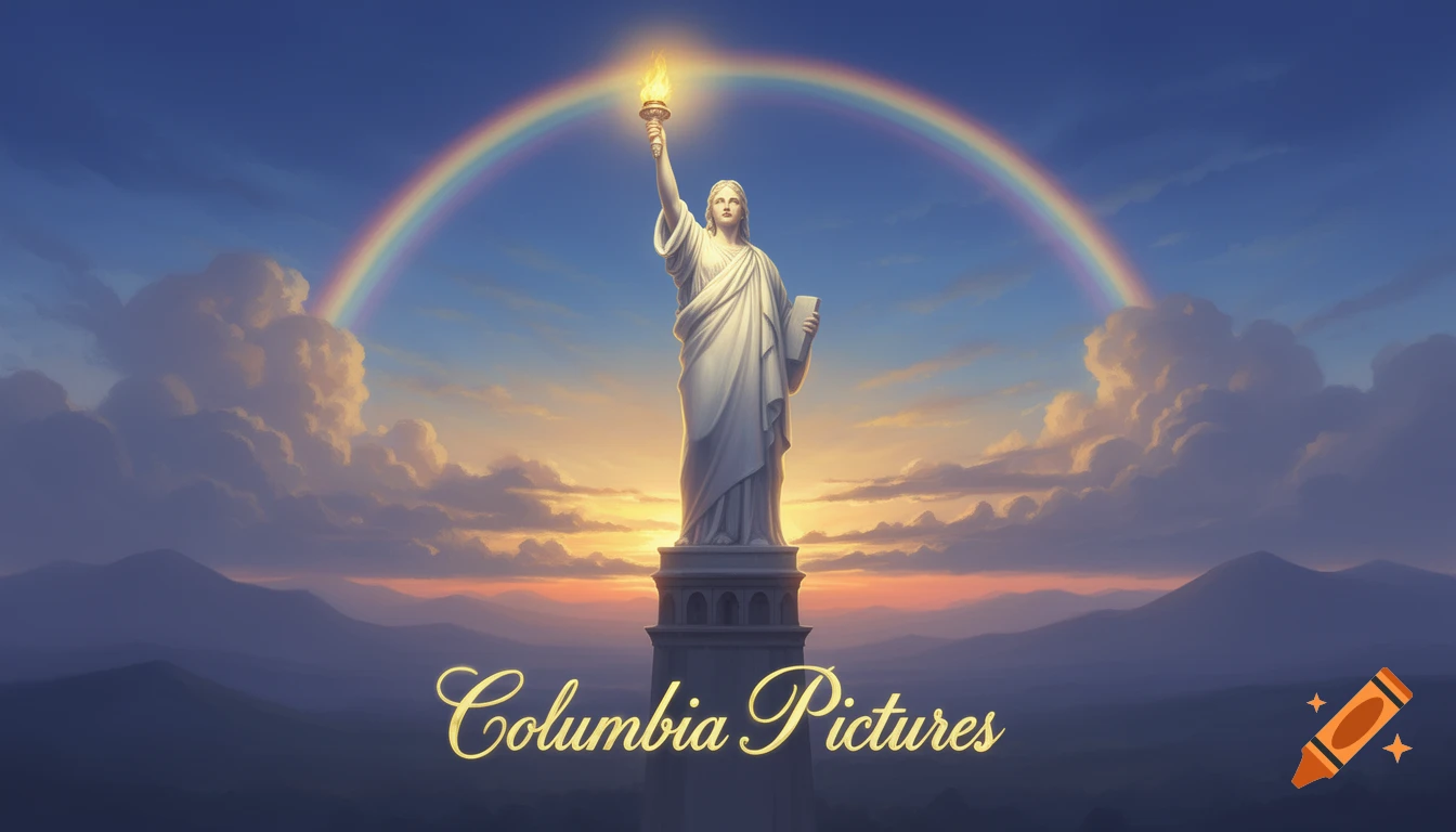 A majestic statue resembling Lady Liberty holding a torch, against a vibrant sky with a rainbow, clouds, and mountains. The text "Columbia Pictures" is at the bottom.