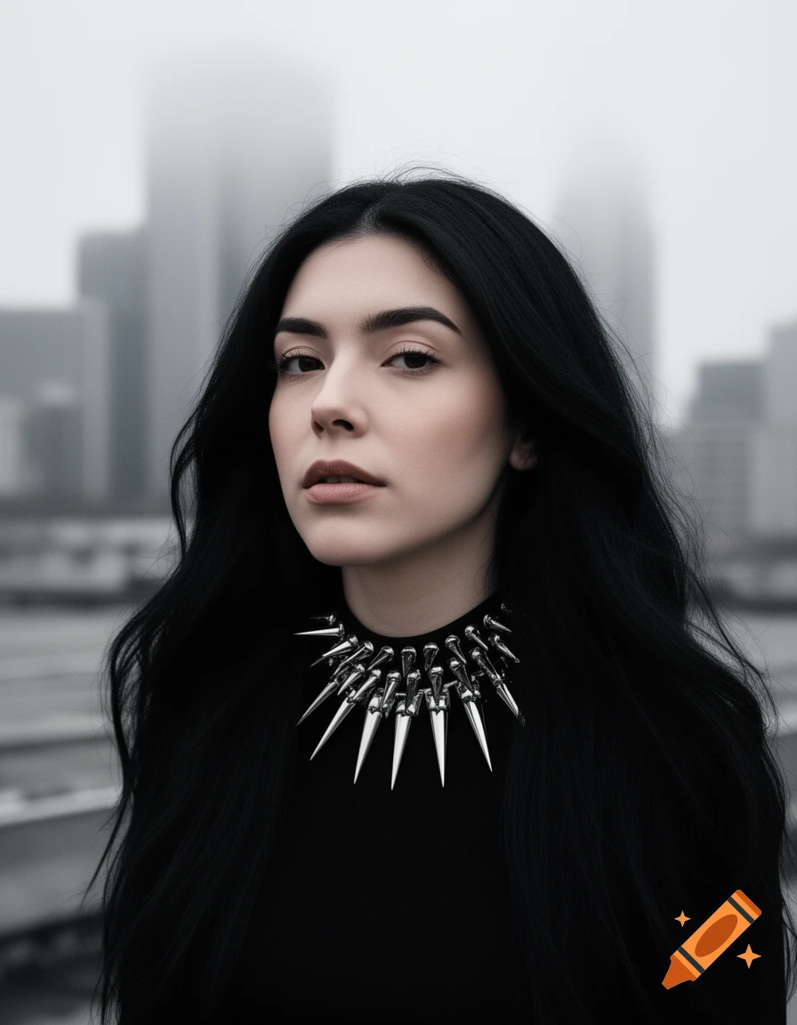 A photorealistic portrait of a woman with long black hair and a silver spiked necklace against a blurry city skyline.