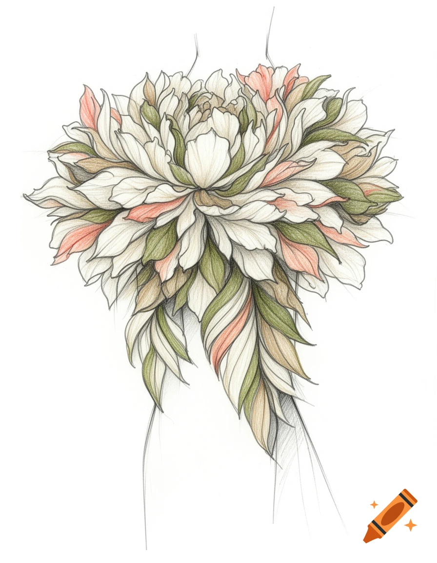 A fashion designer's sketch of a large, intricate flower with white, green, and coral petals, against a white background.