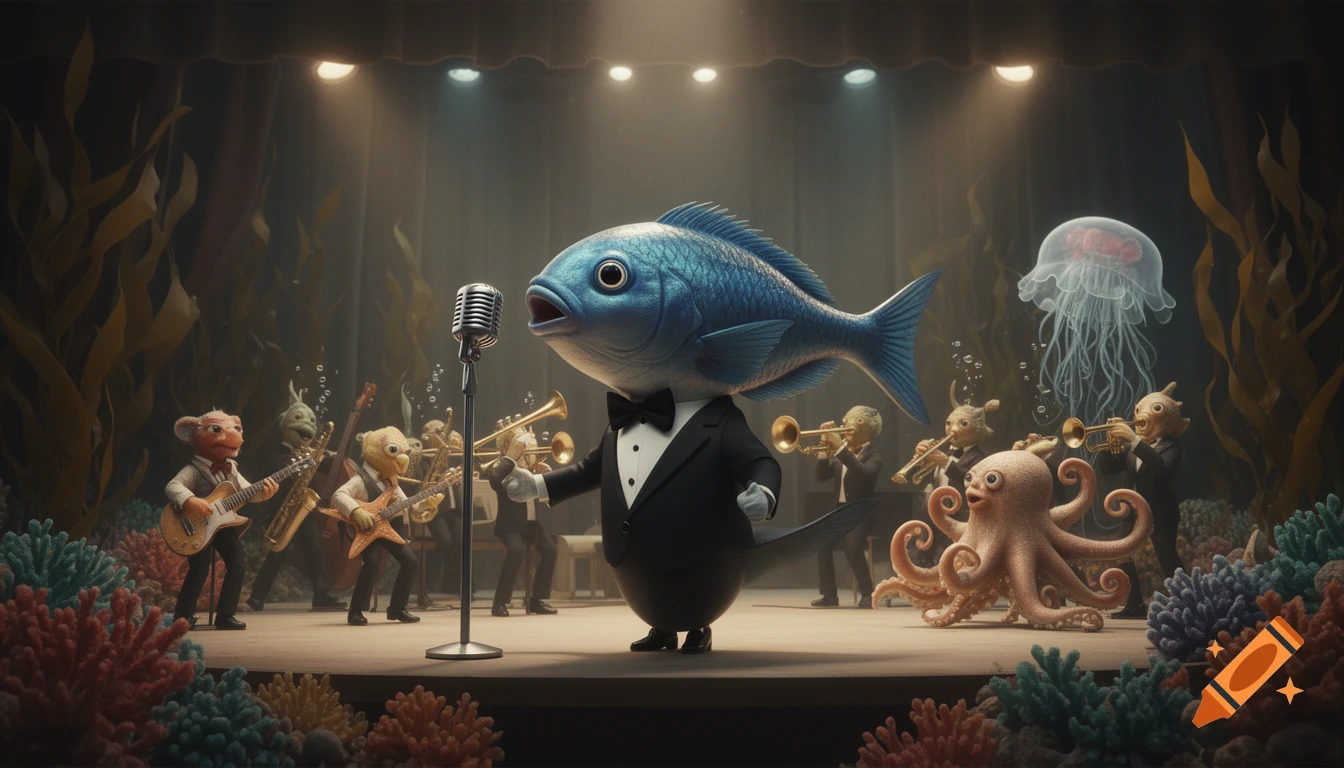 A blue fish in a tuxedo sings into a microphone on an underwater stage, backed by a big band of various cartoon sea creatures.