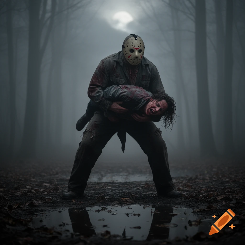 Jason Voorhees, in a hockey mask and blood-stained clothes, carries a screaming, bloodied person through a foggy, dark forest under a pale moon. Photorealistic style.