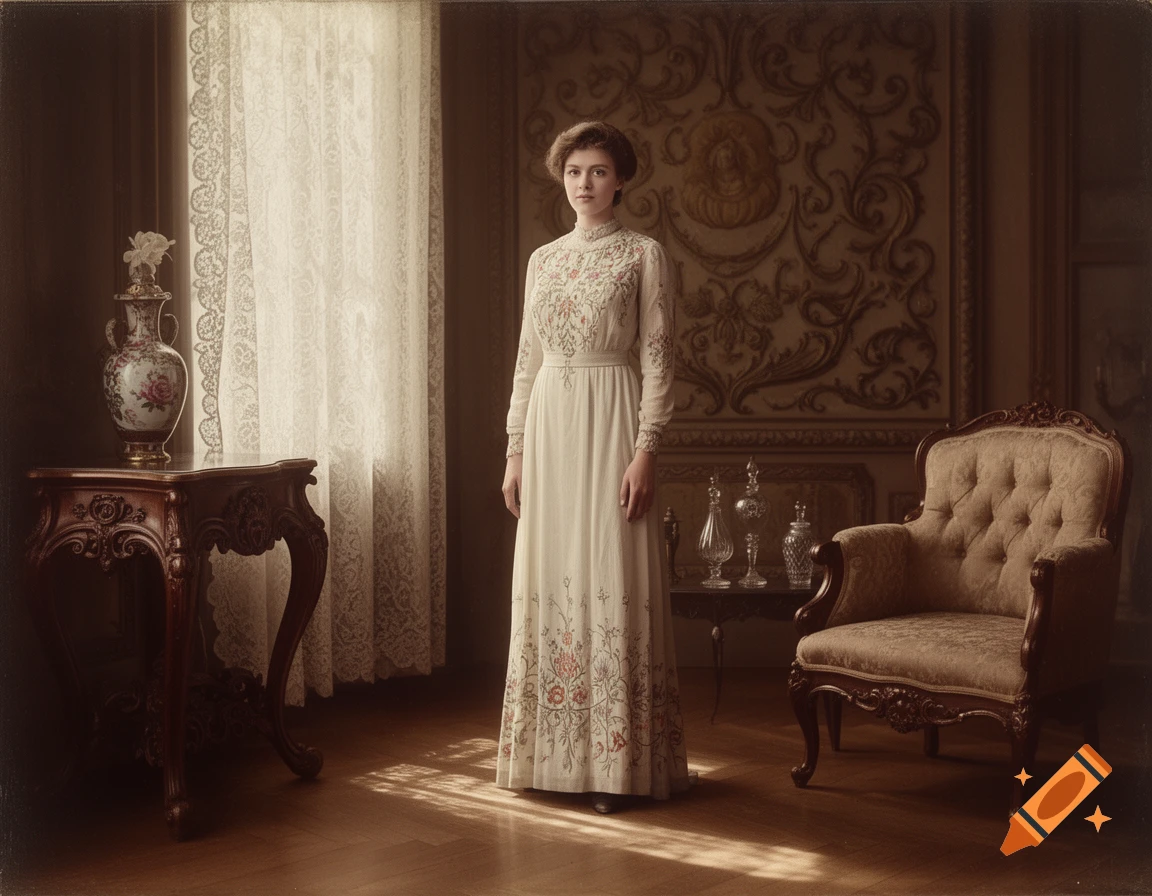 A woman in an embroidered white historical dress stands in a dimly lit, ornate room with light streaming from a window.