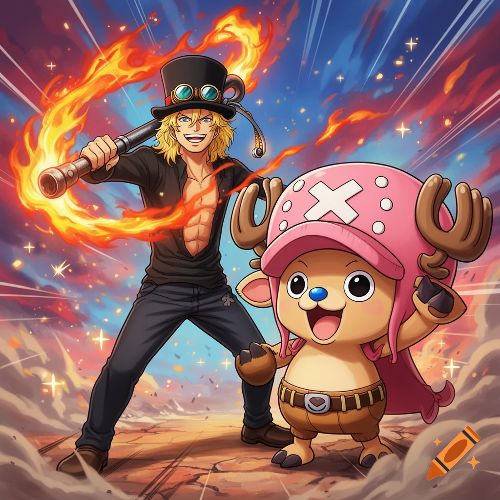 Sabo with a flaming pipe and Chopper in anime style, standing together against a dynamic background.