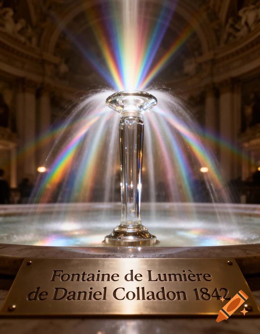 A crystal fountain spraying water, creating rainbow light patterns in an ornate indoor setting, with a brass plaque in the foreground.