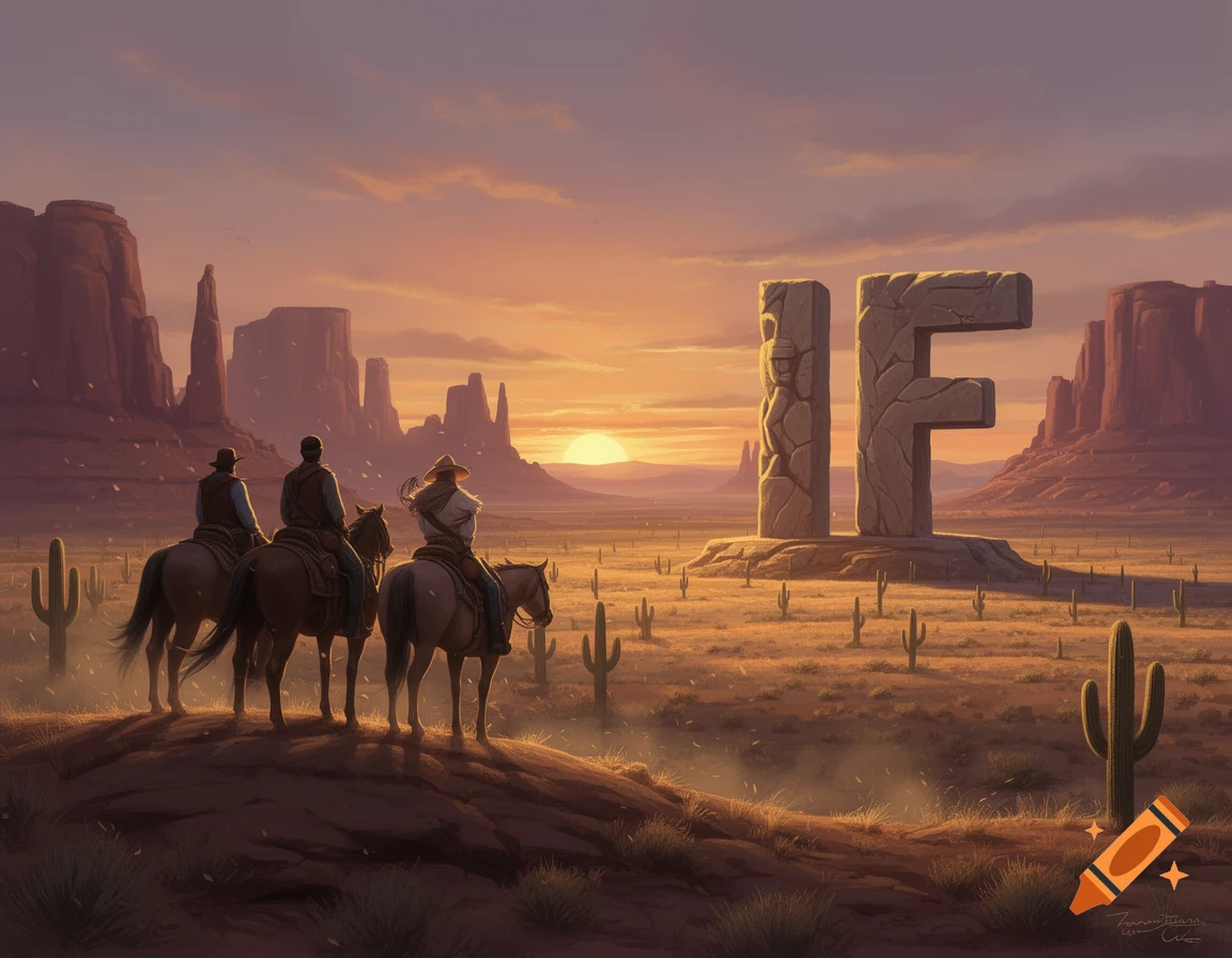 Three cowboys on horseback overlook a desert landscape with large mesas, cacti, and a giant stone sculpture of 'IF' at sunset, illustration style.