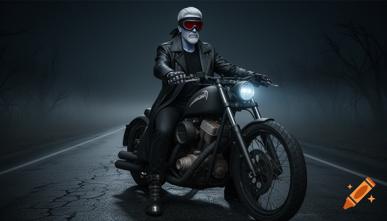 Photorealistic pale man in red goggles on a black chopper motorcycle on a foggy, cracked road with dead trees at night.