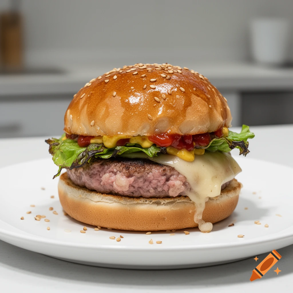 A close-up, photorealistic view of an undercooked hamburger on a white plate, topped with melted cheese, lettuce, ketchup, mustard, and a sesame seed bun.