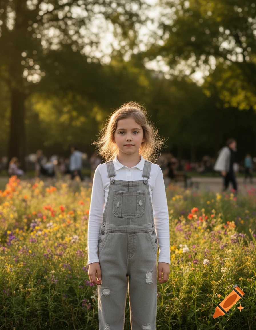 Photorealistic portrait of a young girl in grey overalls and a white shirt standing in a field of flowers.