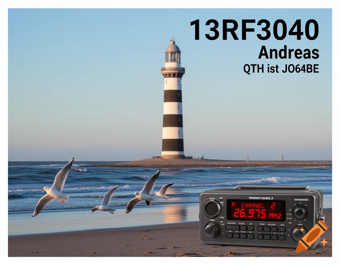 A black and white striped lighthouse stands on a small island, with seagulls flying over a sandy beach, and a radio transceiver on the sand, under a clear blue sky.