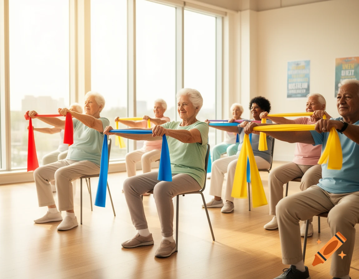 A diverse group of seniors are seated in a bright exercise room, performing exercises with colorful resistance bands.