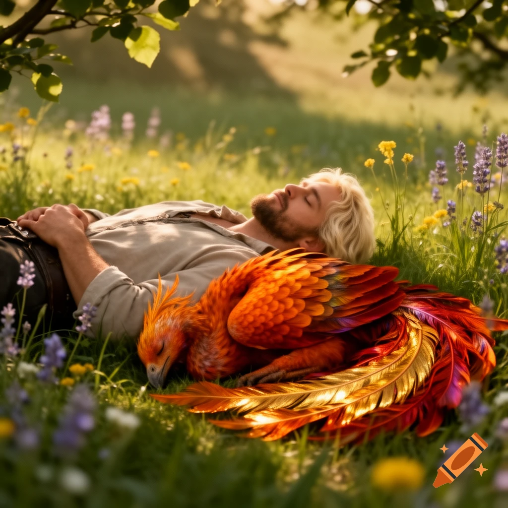 A serene man with blonde hair and a beard sleeps in a sunlit meadow of wildflowers, a vibrant orange phoenix curled up beside him.