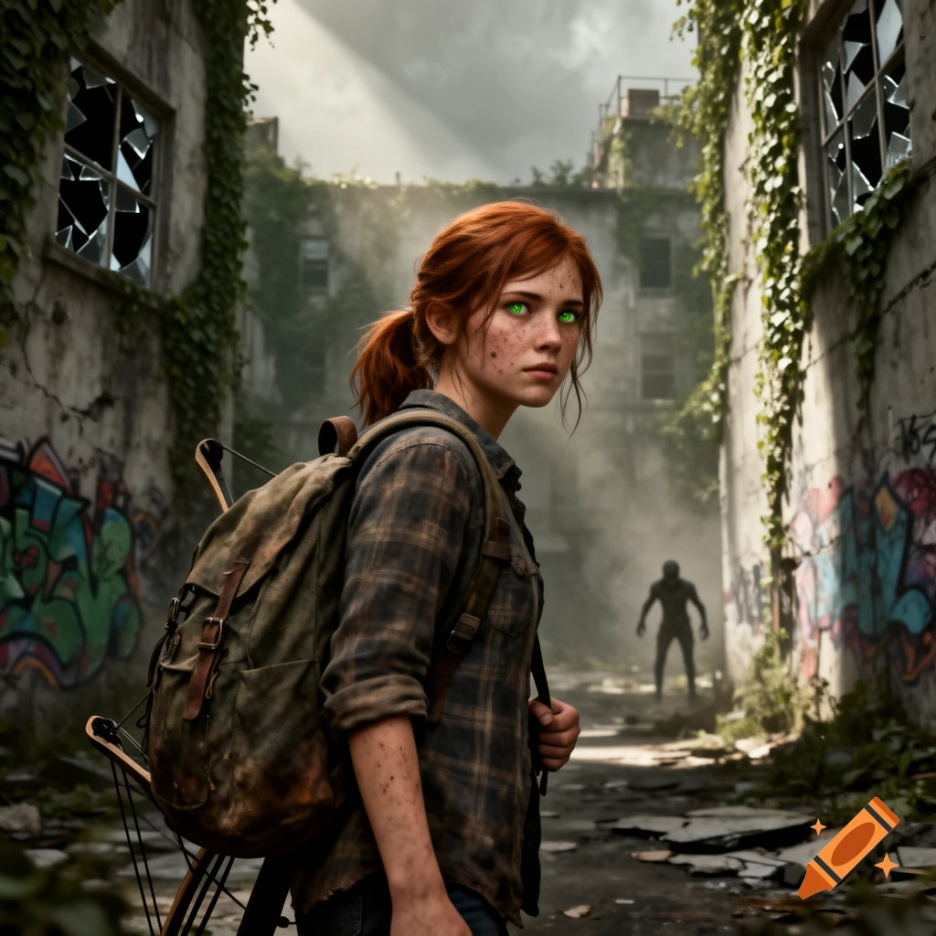 A young red-haired woman with green eyes, wearing a plaid shirt and backpack, stands in a desolate, overgrown urban alley with a shadowy figure in the background.