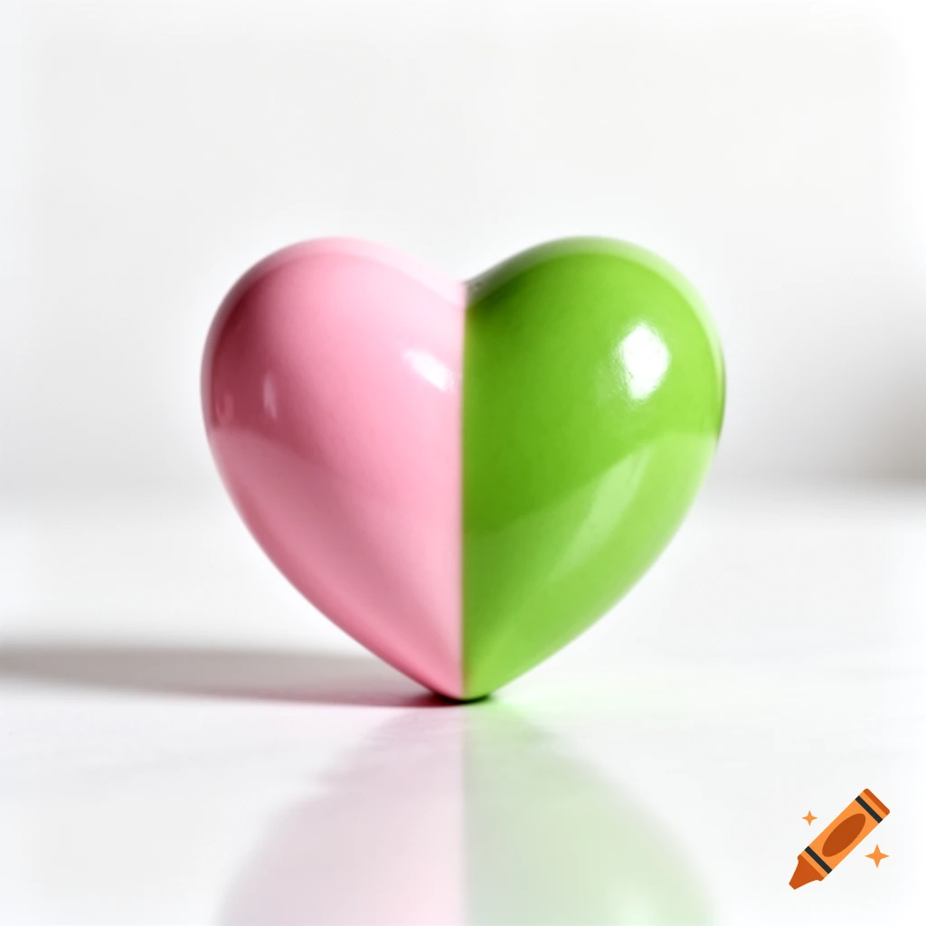 A glossy heart object, half pink and half green, reflecting on a white surface.
