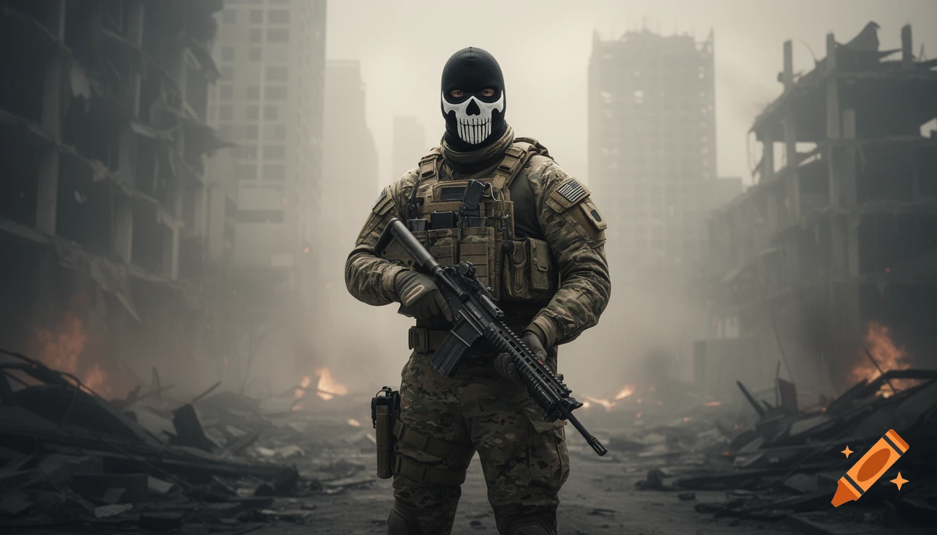 A soldier in a skull mask and military fatigues holds a rifle in a destroyed city engulfed in smoke and fire, photorealistic style.