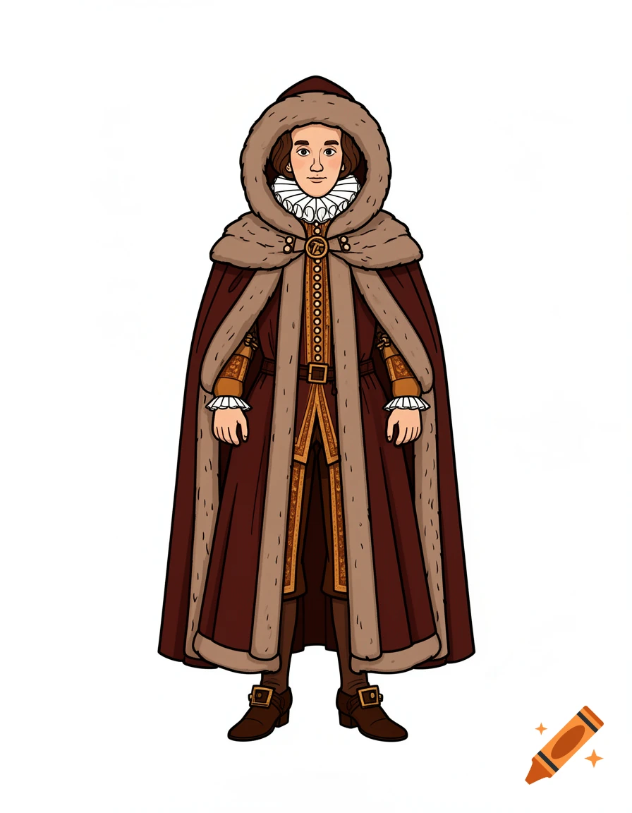 Simple vector illustration of a 16th-century person in a brown fur-lined cloak, hood, and ruff, standing on a white background.