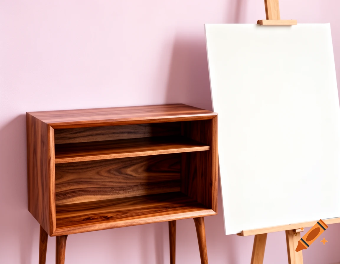 A stylish wooden cabinet with open shelves stands on legs next to an easel holding a blank white canvas against a pink wall.