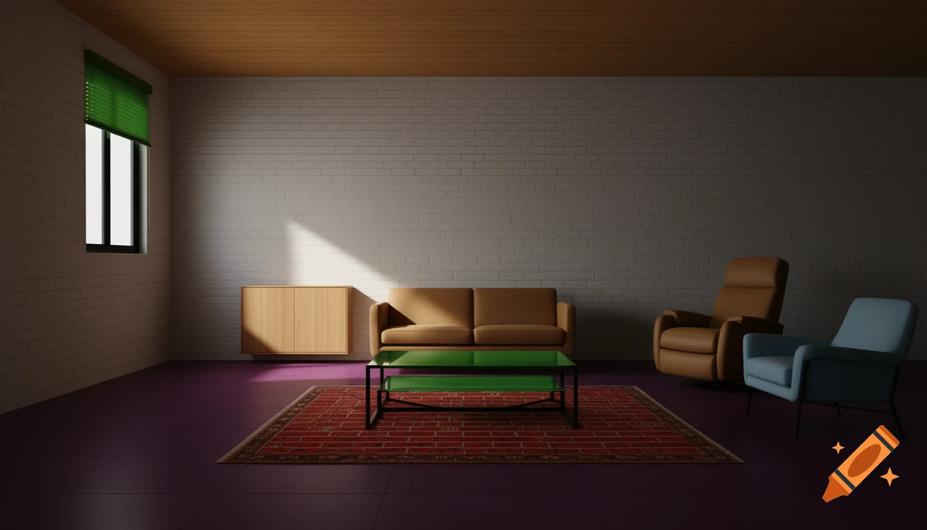 A modern minimalist living room with white brick walls, a plum tiled floor, and a honey-colored wood ceiling. Sunlight streams through a window, illuminating a brown sofa, a green glass coffee table on a red Persian rug, and a light wood cabinet.