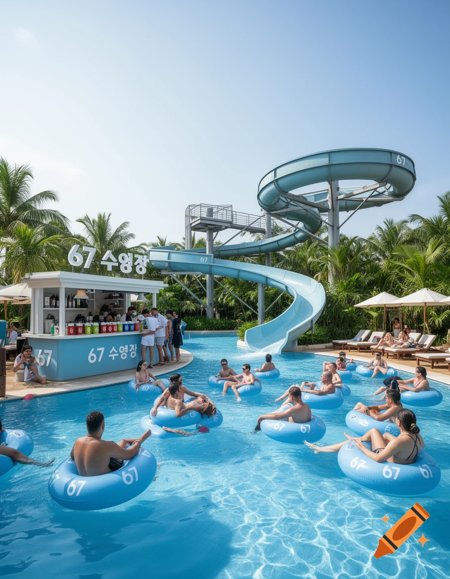 A sunny outdoor water park with people in a pool on blue '67' tubes, a bar, and a '67' water slide surrounded by palm trees.