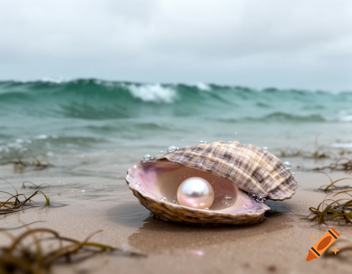 A lustrous pearl rests in an open seashell on a wet sandy beach with ocean waves in the background.