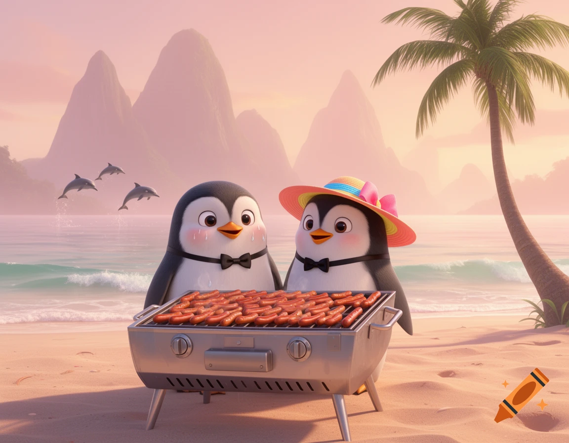 Two cute Pixar-style penguins sweat while grilling hot dogs on a warm pastel beach with mountains and jumping dolphins.