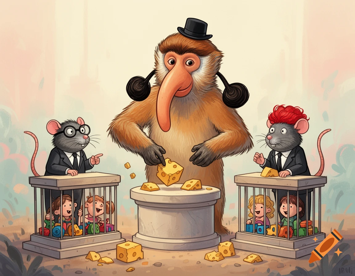 Cartoon of a Proboscis monkey wearing a hat and headphones, dropping cheese for two suited rats. Children are caged under the rats' podiums.