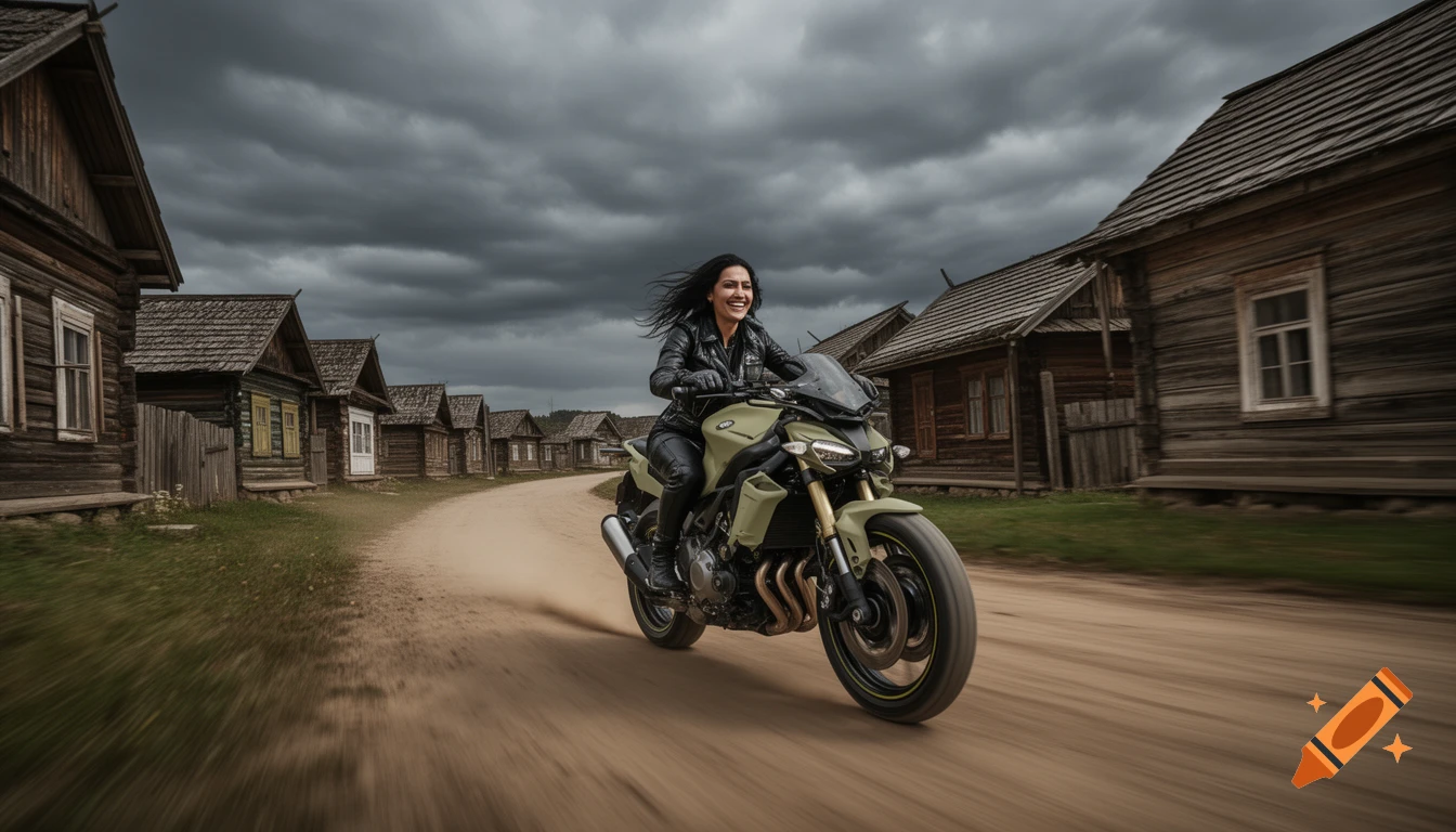 A woman in a black leather outfit rides a khaki green motorcycle at full speed on a dirt road through an old wooden village under a dark, cloudy sky.
