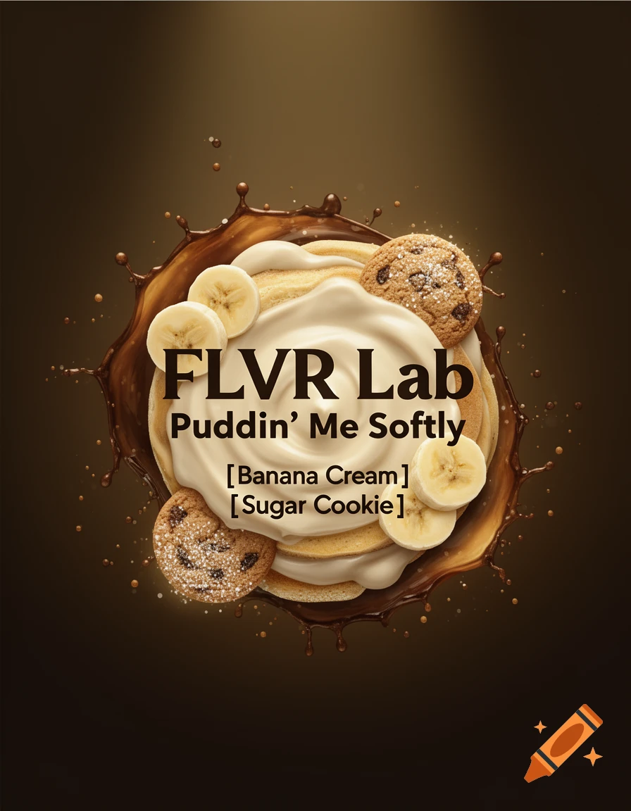 A luxurious label for FLVR Lab Puddin' Me Softly, featuring pancakes, cream, banana slices, chocolate chip cookies, and chocolate splashes.
