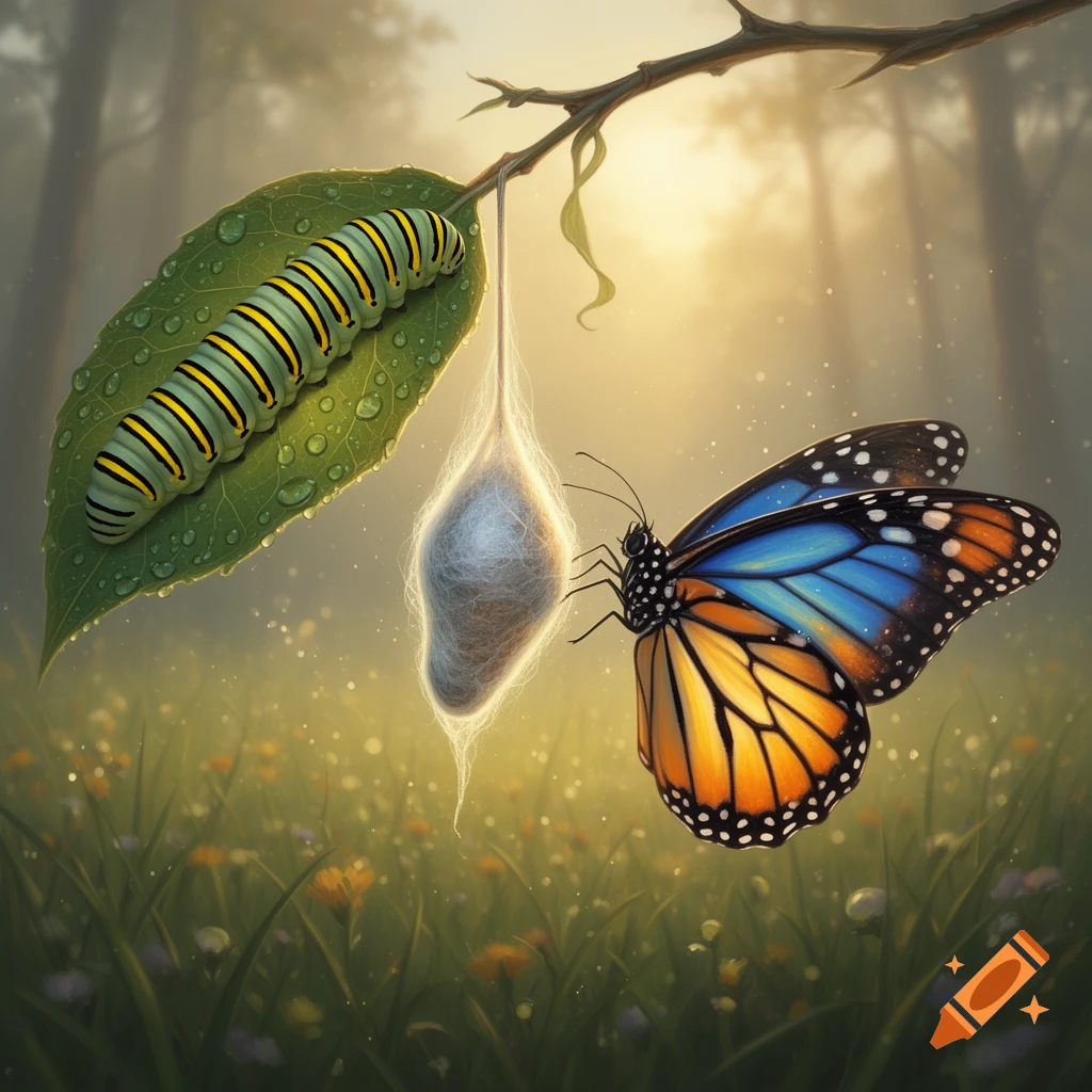 A green and yellow caterpillar on a dewy leaf, a cocoon, and a vibrant butterfly illustrate metamorphosis in a sunlit forest.
