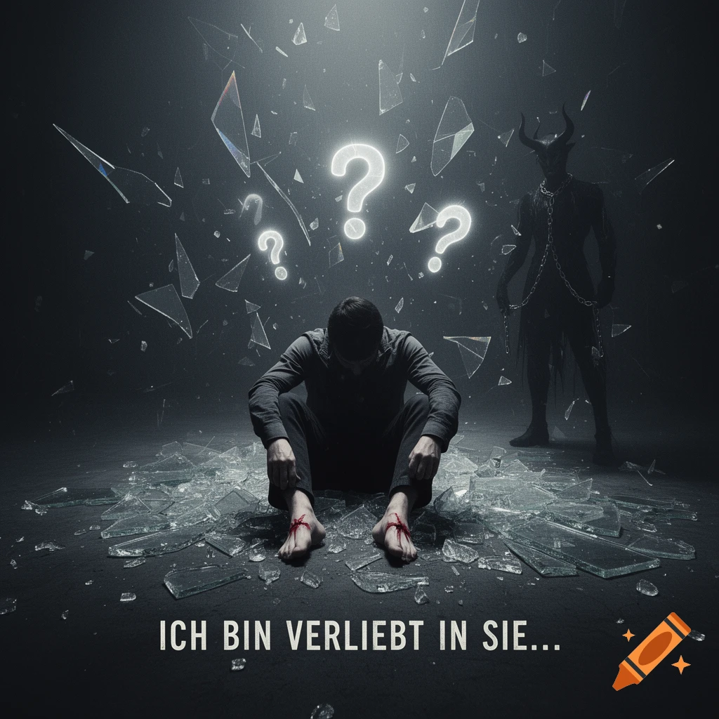A man sits on broken glass with bloody feet, a shadowy devil figure stands behind, and glowing question marks float above. Dark, dramatic art.