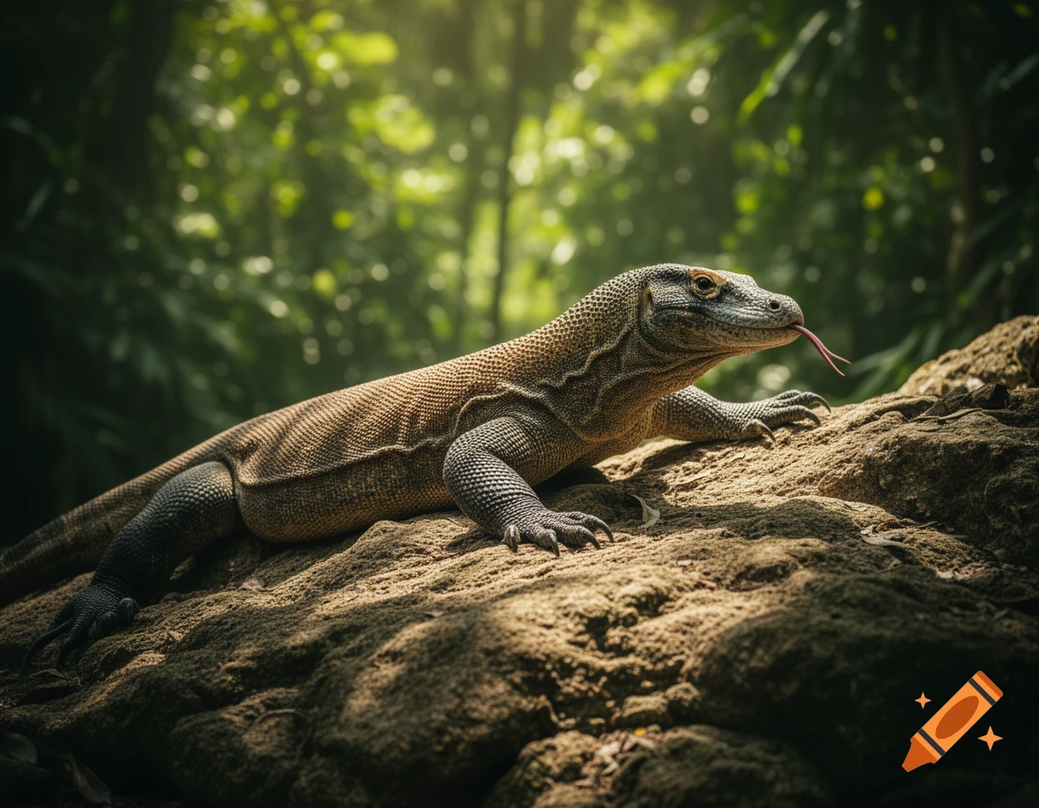 A Komodo dragon with its tongue flicking, resting on a textured rock in a lush, sunlit jungle, in a photorealistic style.