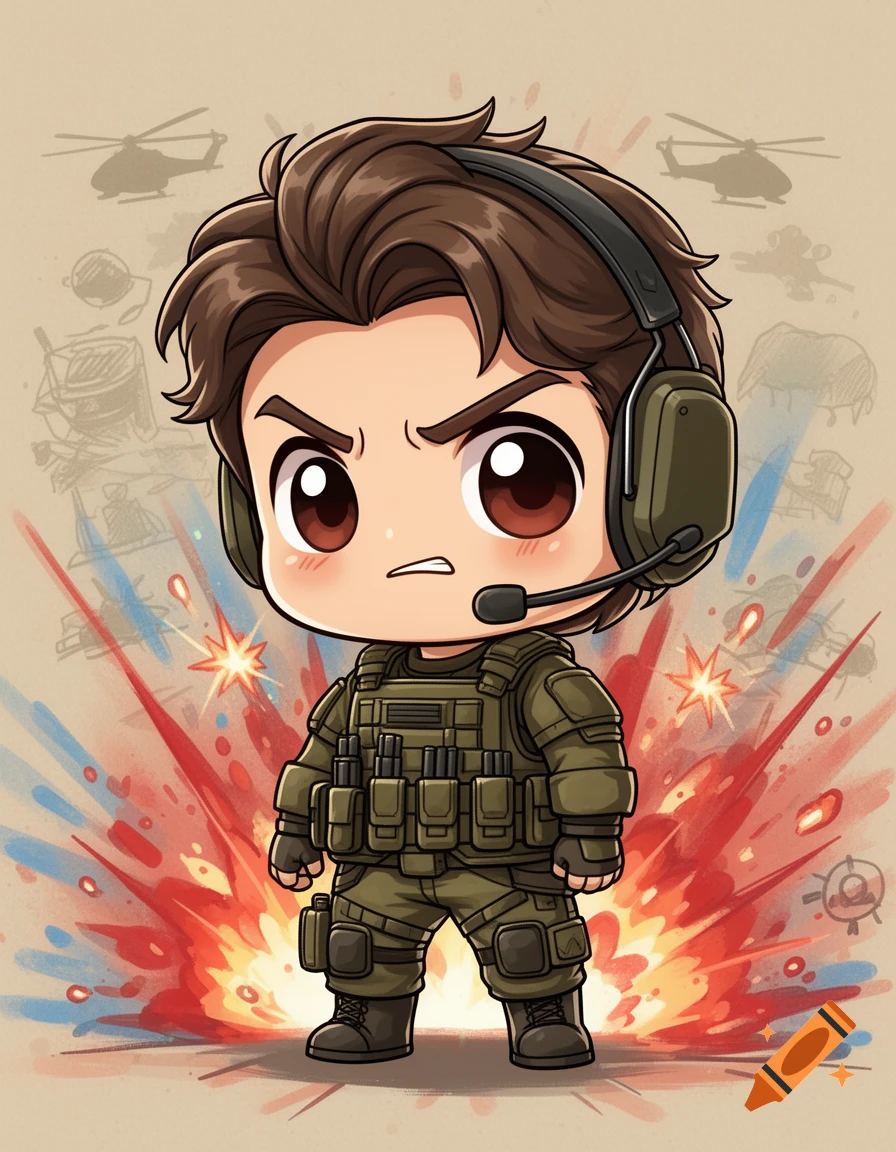 A chibi cartoon soldier with brown hair, wearing a green military uniform and headset, stands angrily amidst explosions and sketched helicopters.