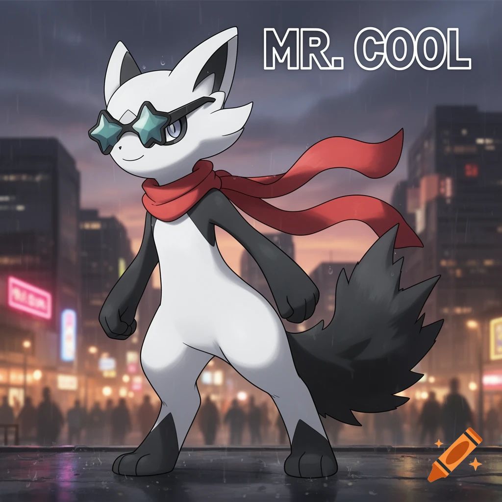 A cartoon fox-like Pokémon named Mr. Cool, wearing star sunglasses and a red scarf, stands in a city at dusk.