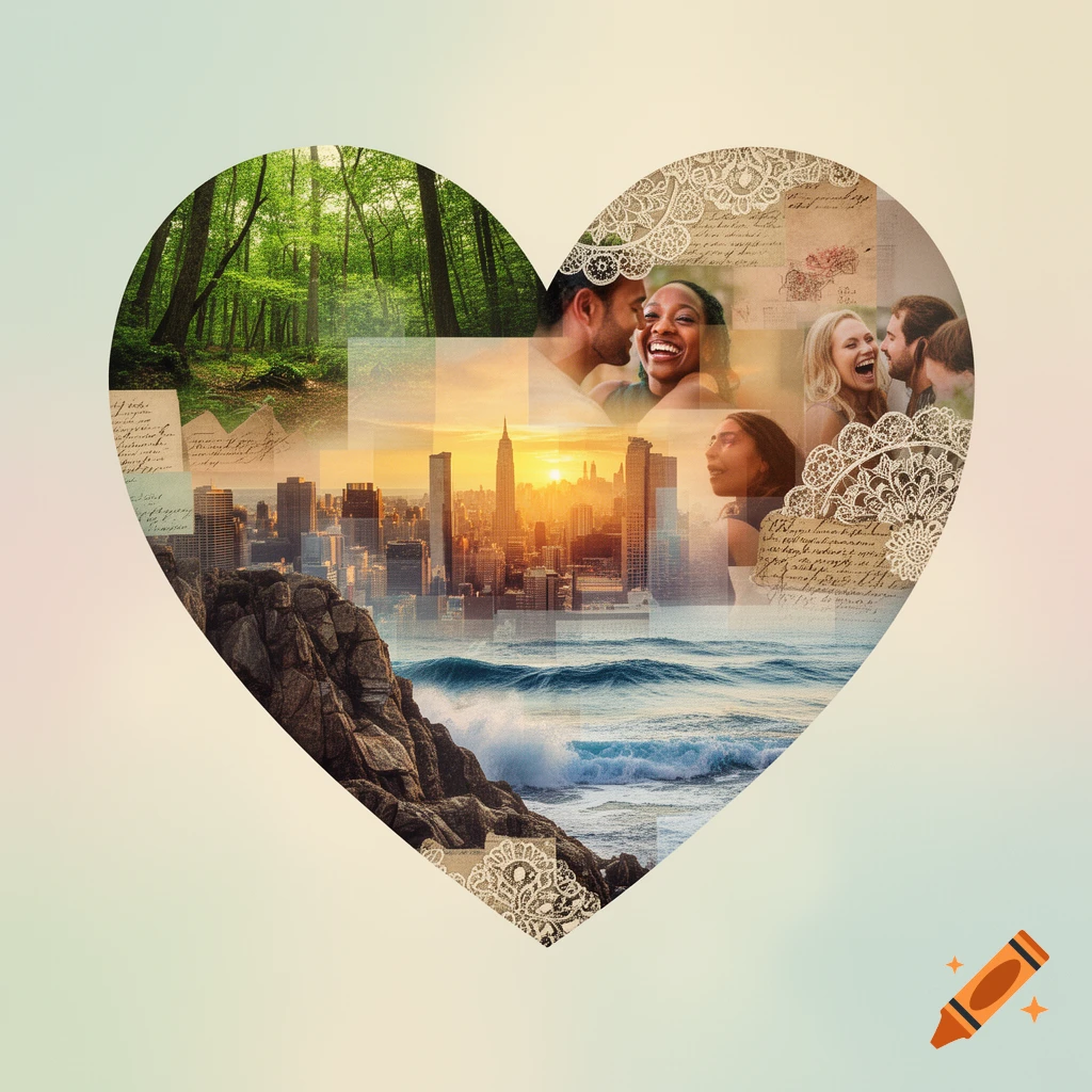 A heart-shaped collage featuring a lush green forest, a city skyline at sunset, crashing ocean waves, and laughing people, with decorative lace and script textures.
