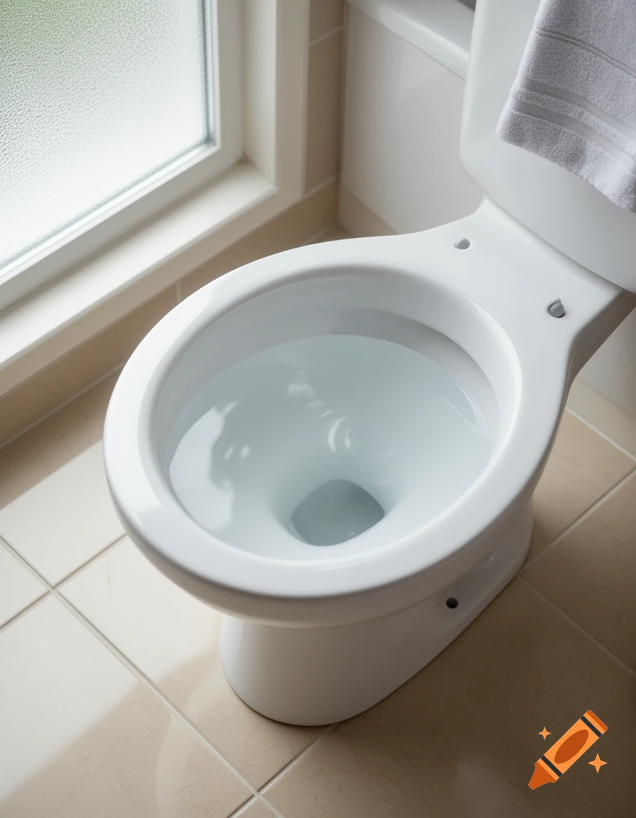 A clean, white toilet with water in the bowl, positioned next to a frosted window in a tiled bathroom.