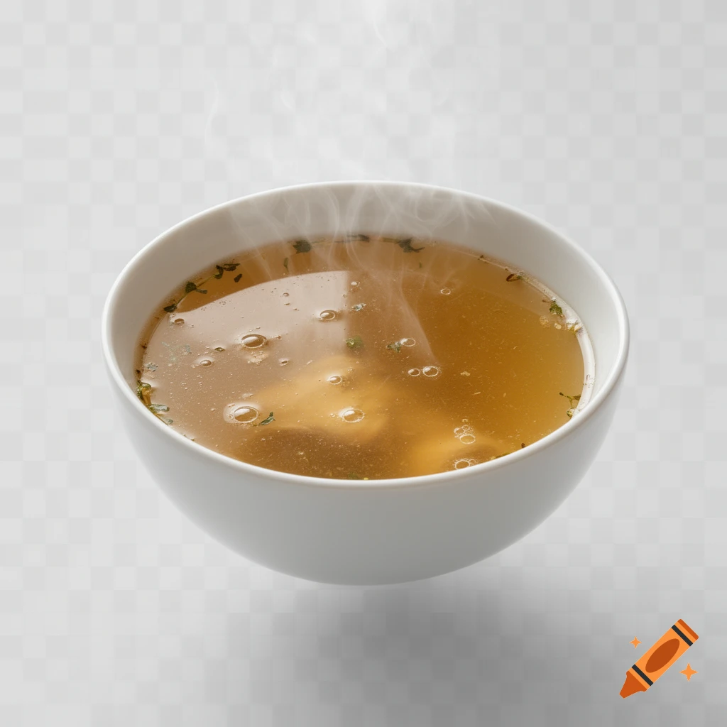 A steaming bowl of chicken bouillon with herbs and oil droplets on a transparent background.