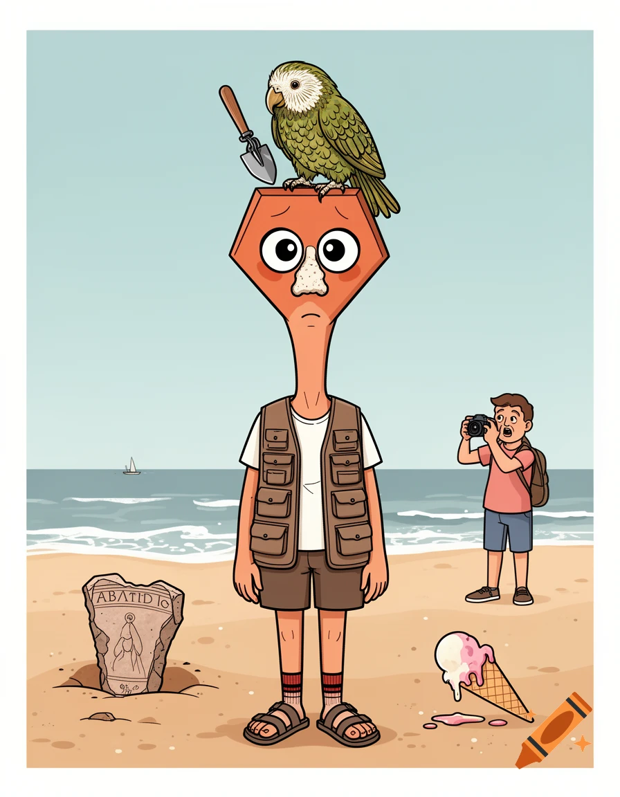 A cartoon archaeologist with an orange geometric head and long neck stands on a beach with a kakapo on their head. A Roman shard and a melting ice cream are nearby.