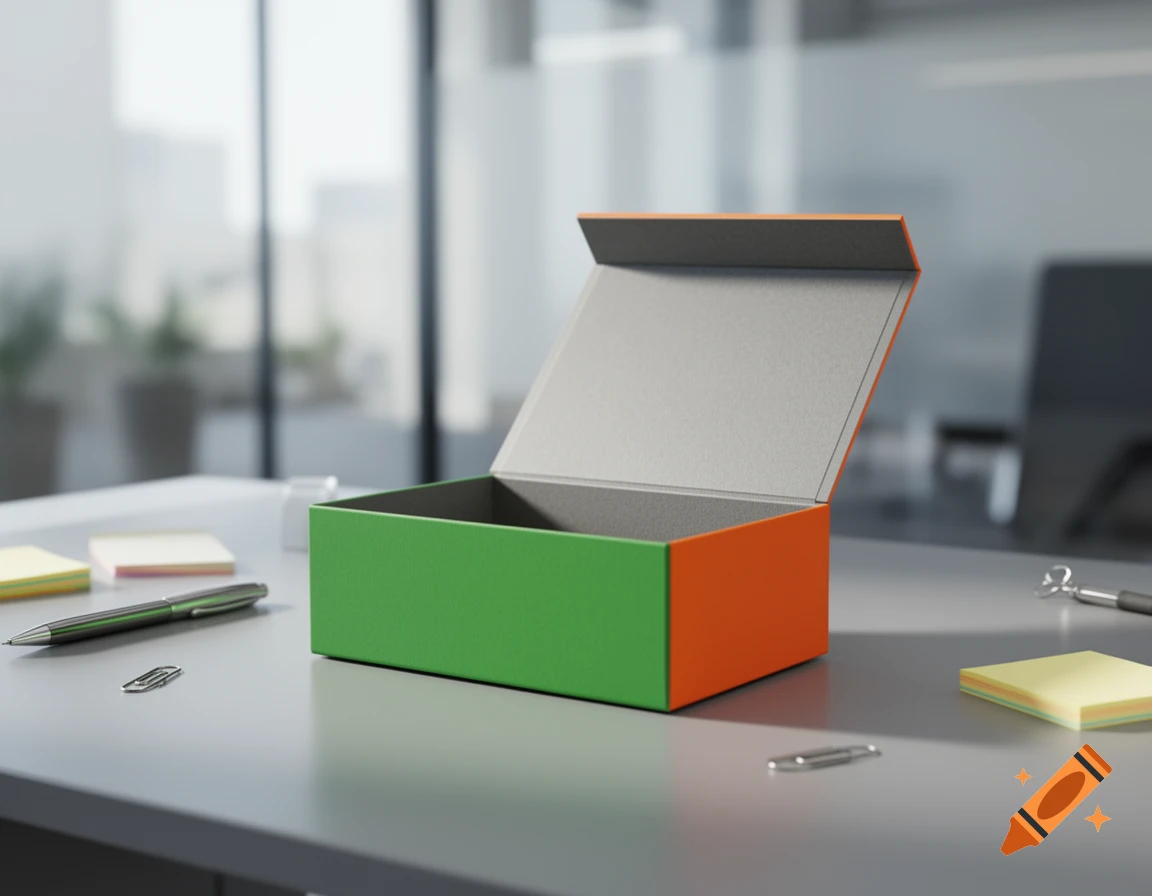 A green and orange open box sits on a grey office desk, next to a pen, paper clips, and sticky notes, in a photorealistic style.