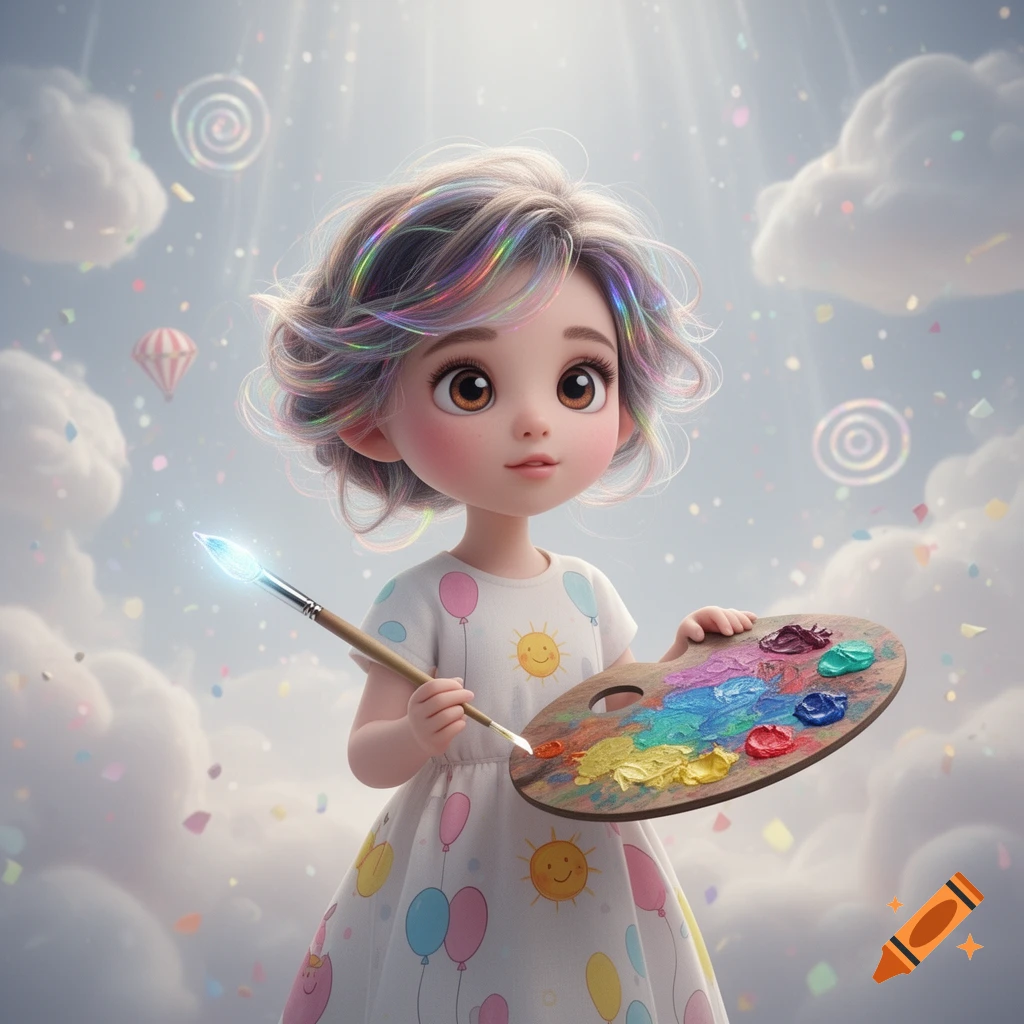 A cute stylized cartoon girl with colorful hair holds a painter's palette and a glowing brush, standing in a dreamy sky with clouds and confetti.