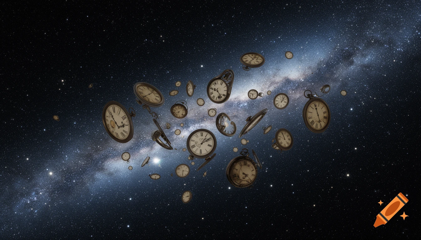 Distorted pocket watches float through a vibrant, star-filled galaxy with the Milky Way in the background, in a surreal style.