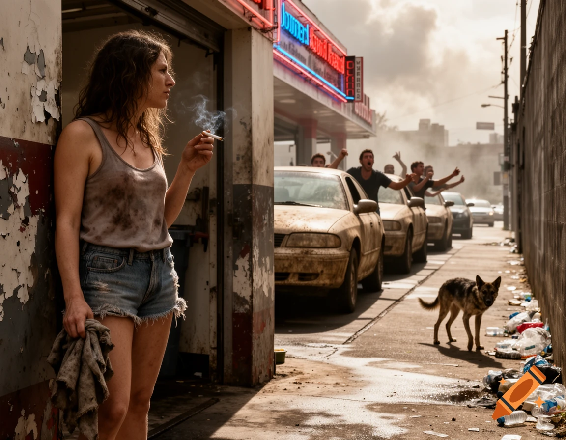 A dirty woman smokes a cigarette by a rundown car wash. In the background, drivers in dirty cars yell, while a mangy dog stands amidst trash.