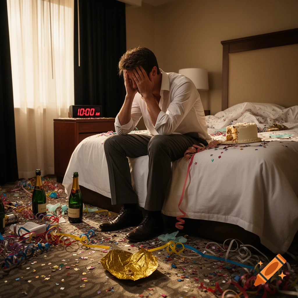 A distraught man sits on a messy hotel bed with his face in his hands, surrounded by party debris like confetti, champagne, and cake.