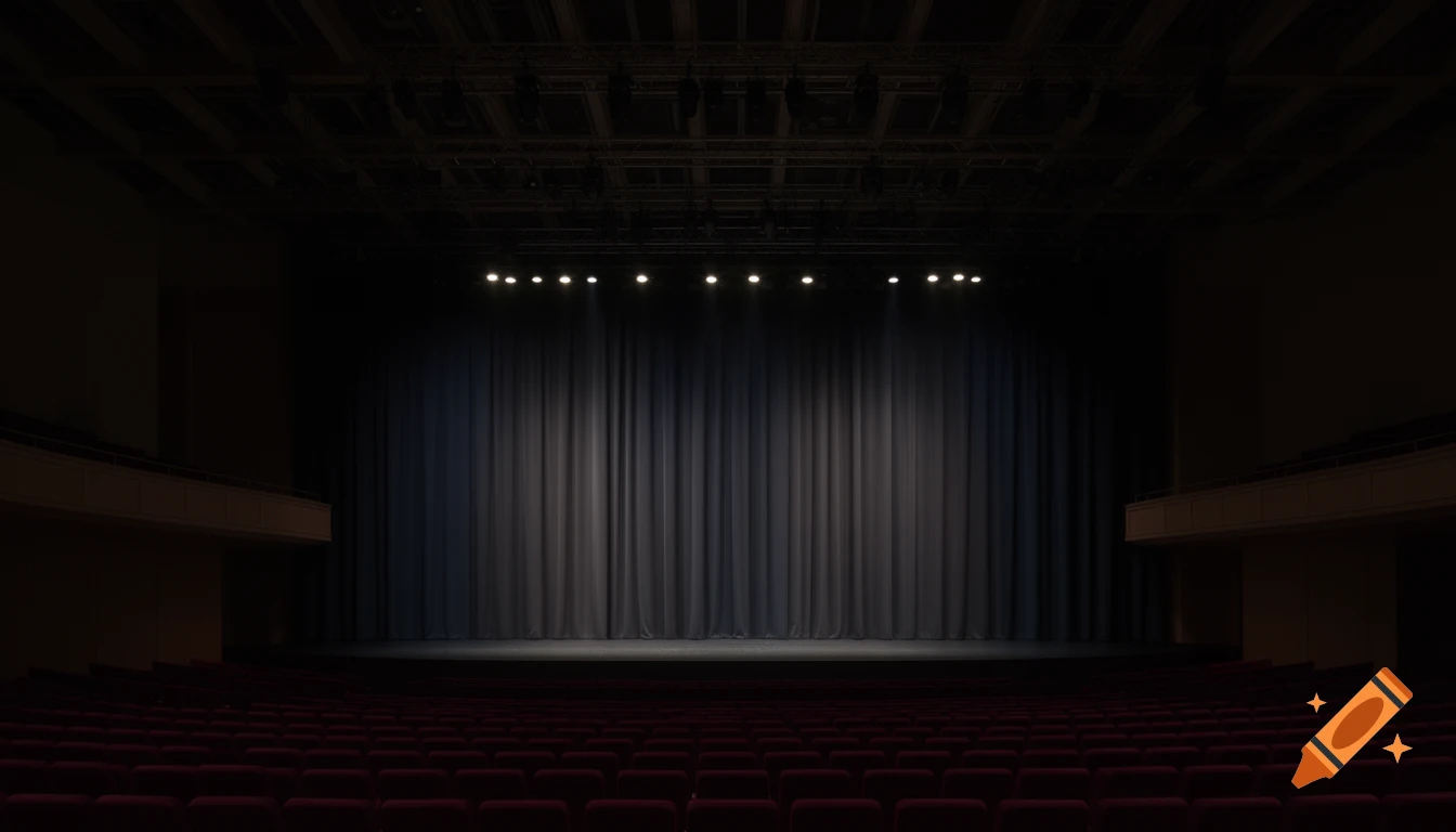 Empty concert hall with a dimly lit stage, gray backdrop curtain, spotlights, and rows of unoccupied red velvet seats.