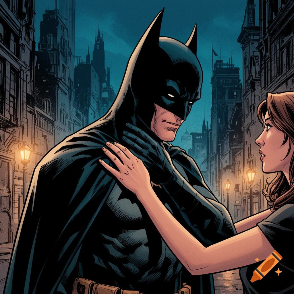 Comic book art of Batman looking at a woman touching his neck on a dark city street.