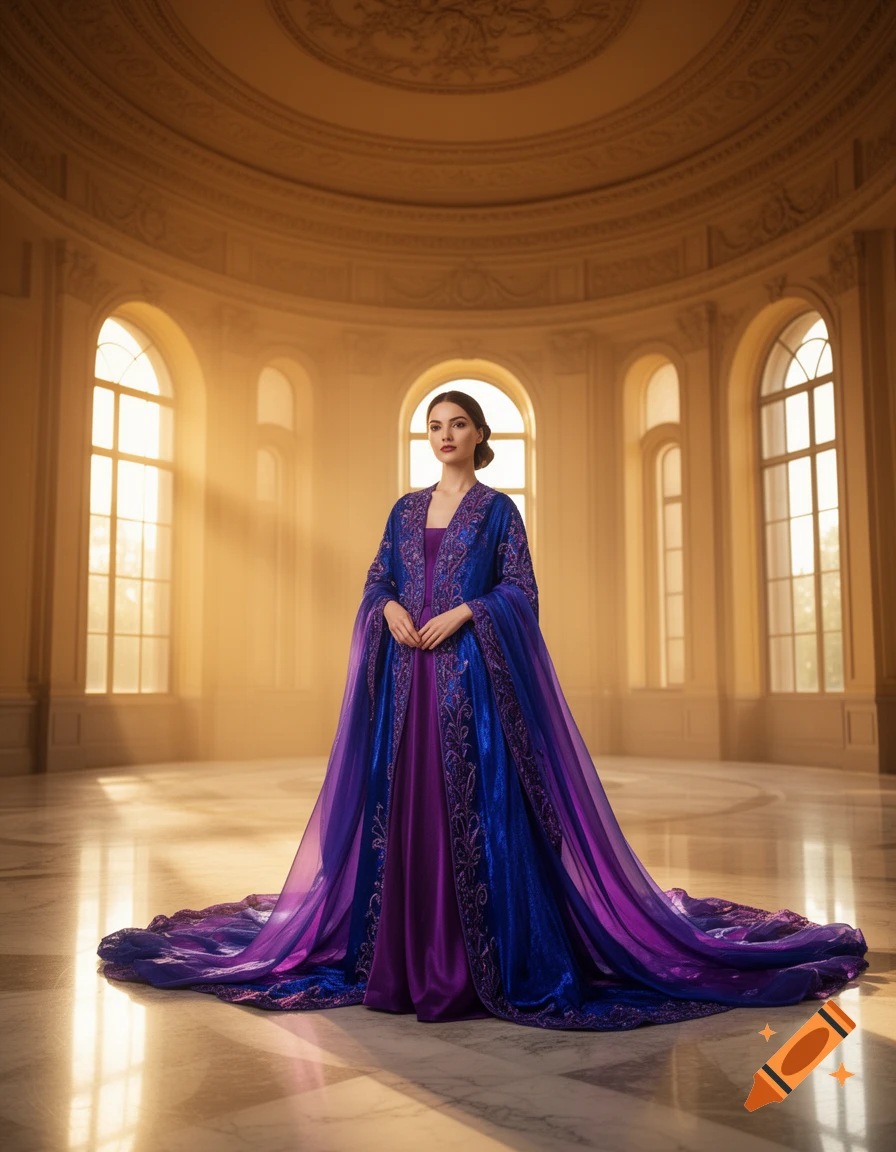 A woman in a vibrant blue and purple flowing dress stands in a grand, ornate hall with tall arched windows.