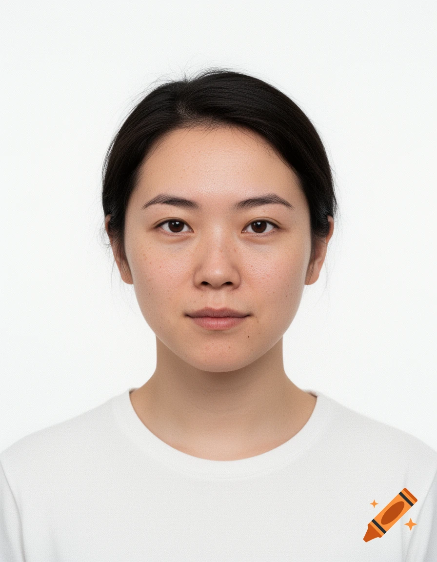A young Asian woman with dark hair and brown eyes looks directly at the camera, wearing a white t-shirt against a white background.