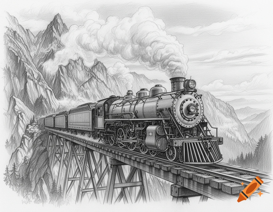 Detailed pencil drawing of a steam locomotive crossing an old railway bridge amidst towering mountains and clouds.