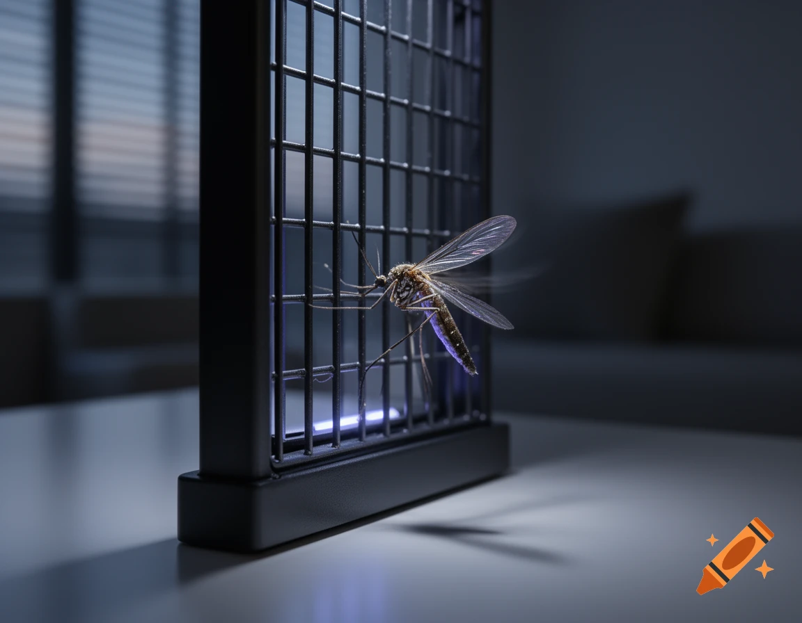 A photorealistic close-up of a mosquito on a black bug zapper with a blue internal light.